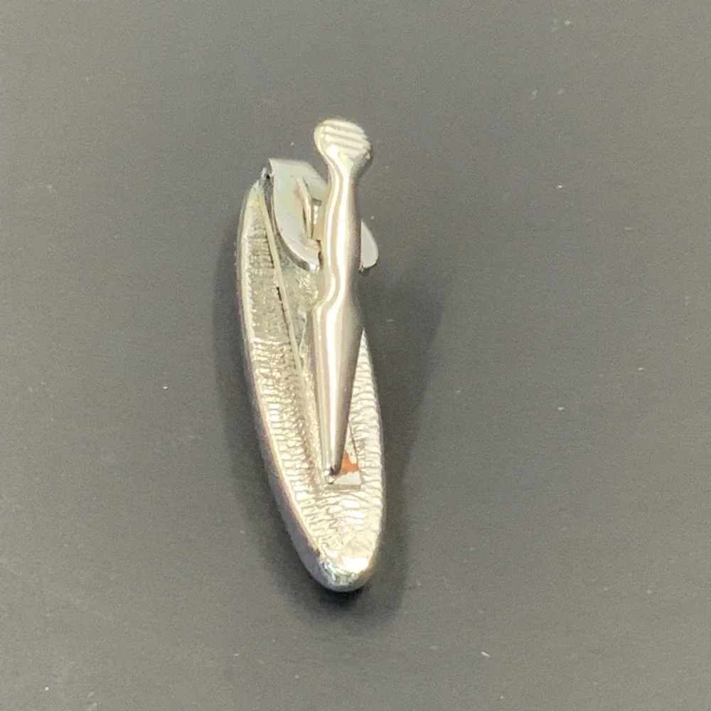 Vintage Silver Tone Black Inlay Oval Tie Clip Mid Century Modern Mens Accessory